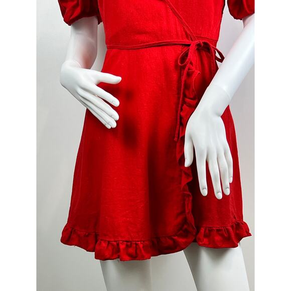 Women's Zara Red Lined Blend Wrap Puffed Sleeve Mini Dress Size XS - Picture 8 of 12